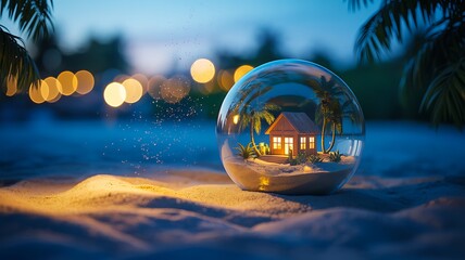 Christmas snow globe with tropical beach house and palm trees glowing in evening light
