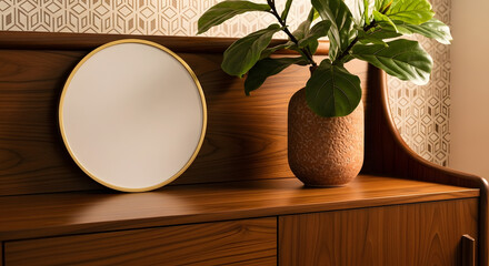 Stylish wood dresser with round mirror and plant