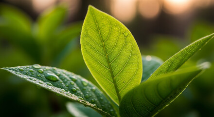 Vibrant green leaf with dew drops glistening in soft morning sunlight, showcasing natural beauty