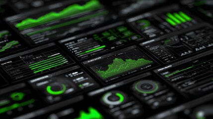 Digital display showcases intricate array of green glowing charts and monitoring panels