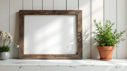 Rustic frame blank mockup with potted plants decor