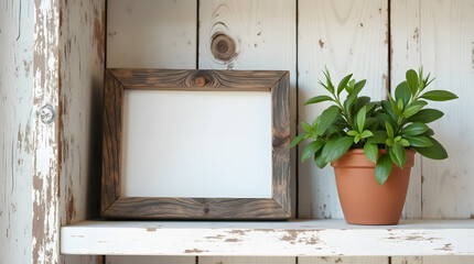 Rustic frame mockup with potted plant on shelf