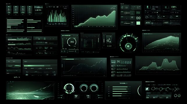 Digital display interface presents a multitude of glowing green analytical charts and technical readouts