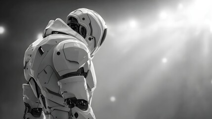 Advanced robotic exoskeleton stands illuminated by bright stage lighting in a monochrome setting