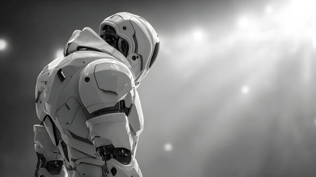 Advanced robotic exoskeleton stands illuminated by bright stage lighting in a monochrome setting