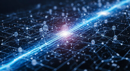 Dynamic digital network flows with glowing data nodes representing global connectivity and future technology