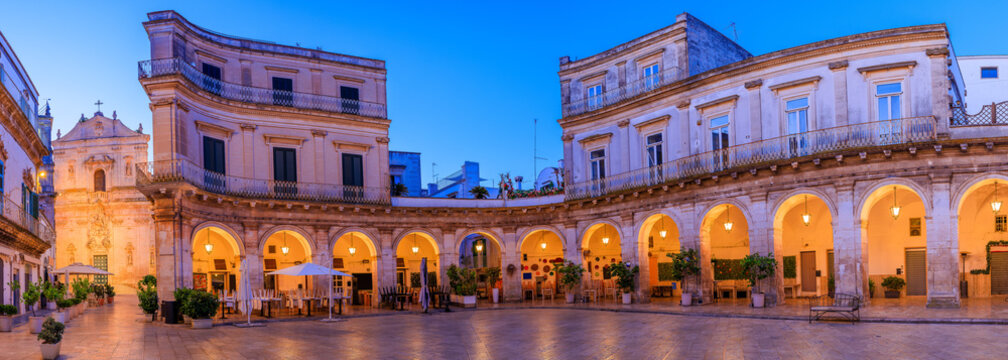 Martina Franca, Apulia, Italy. Panorama of the Piazza Plebiscito and the San Martino Church at blue hour.