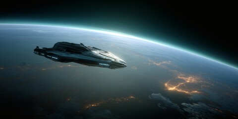 Obraz premium Futuristic spaceship glides above a glowing Earth landscape view
