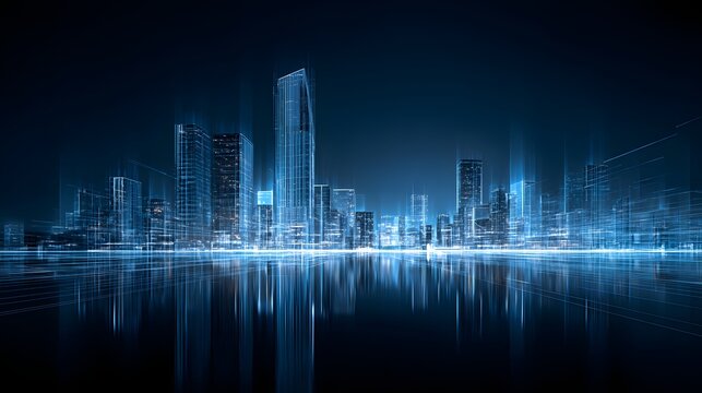 Digital holographic cityscape projection illuminates dark water surface with bright blue light trails