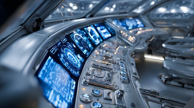 Interior view of a futuristic vehicle cockpit featuring numerous glowing blue digital displays and metallic controls