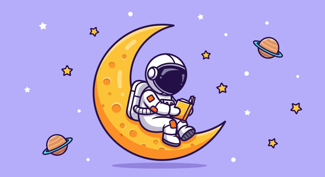 Astronaut sitting on moon holding a star with a background of stars and sky