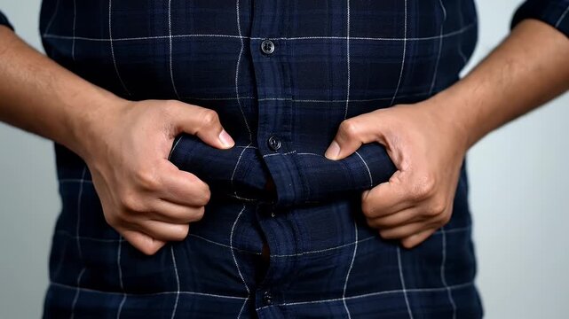 Close Up of a Person Squeezing Their Belly Fat Under a Tight Navy Blue Plaid Shirt with Silver Threading Against a Gray Background