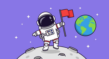 Naklejka premium Astronaut Planted Flag on Moon With Earth in Background, Space Exploration Concept Art