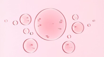Close up abstract macro view of pink cosmetic serum drops and bubbles on a soft pink background