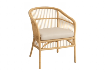 Rattan wicker armchair with beige cushion on transparent background