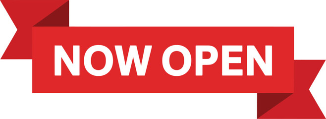 A red banner with the words "NOW OPEN" in white text is displayed.