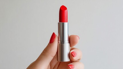 Female hand holds up vibrant red cosmetic stick against neutral background