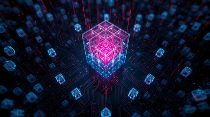 Abstract glowing cubes connected by circuit network data processing and cloud computing concept