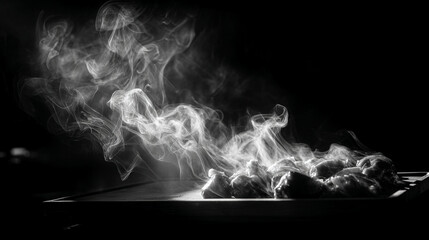 A monochrome image showing smoking food on a tray against a dark background in a dramatic lighting