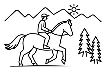 Fototapeta premium A person rides a horse through a mountainous landscape with trees and a sun.