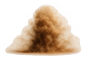 Brown dust cloud creating explosion effect, particles spreading, transparent background for overlay