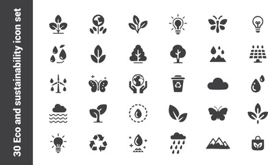 Obraz premium Eco and sustainability icon set. Vector glyph pictograms of recycle tree, solar panel, wind turbine, environment, renewable energy, and conservation concept black silhouette illustration.