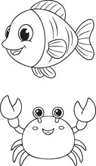 Fototapeta premium Cute Cartoon Fish and Crab Outline for Coloring Book