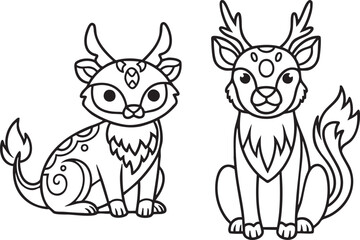 Cute Mythical Deer Creatures Outline Vector Illustration
