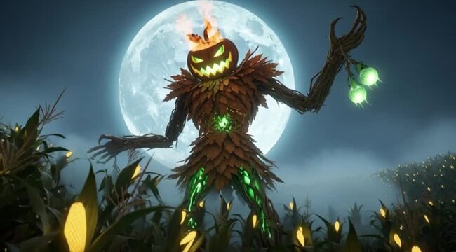 Eerie Harvest Guardian Glowing Pumpkin King Stands Tall in a Magical Maize Field