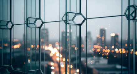 Captivating cityscape view through modern geometric glass at twilight, city lights blur beautifully.