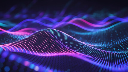 Abstract technology background with glowing particle waves representing data flow and connection points