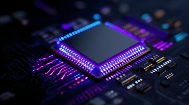 Integrated circuit component glows with vibrant neon illumination on a dark printed circuit board