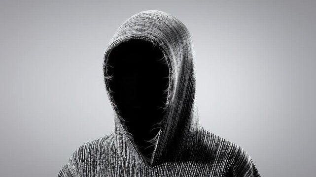 Mysterious hooded figure with black face texture and digital code in dark cyber security concept showing anonymity silhouette
