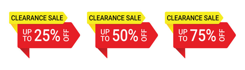 Clearance sale offer label. Discount up to 25%, 50% and 75% off on year end sale product tag. Transparent vector and PNG
