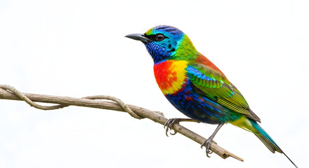 Obraz premium A colorful bird perched on a twisted branch against a clean white background with vibrant plumage.