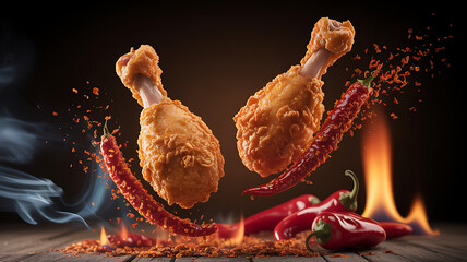 Vector art of two crispy fried chicken drumsticks with red chili peppers and flame effect
