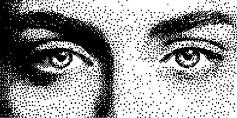 Closeup of human eyes in a monochrome dot texture. This graphic vector illustration focuses on emotion and detail in an artistic style.