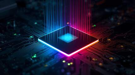 Advanced Microprocessor Chip with Colorful Light Rays Powering High Technology Computing Future