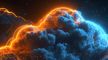 Intense electrical energy illuminates dense storm clouds with contrasting neon glows against a dark backdrop