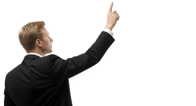 A businessman in a suit points to the upper right corner, isolated on transparent background, as he looks up and to the side in studio shot
