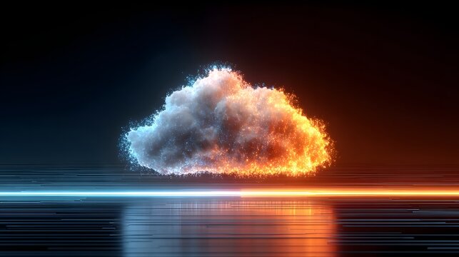 Glowing digital data cloud transitions between cool and hot energy states above a reflective surface