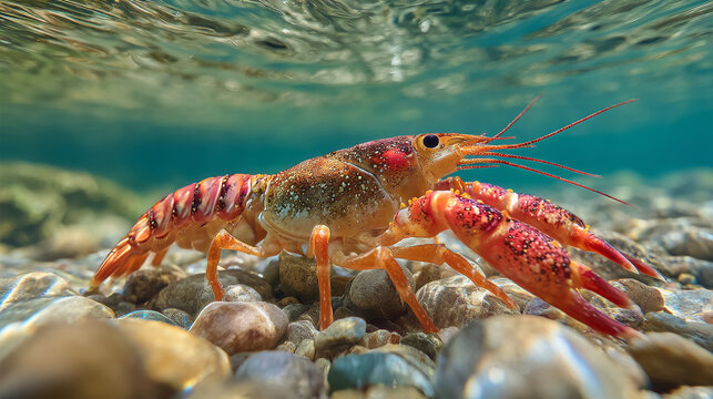 A vibrant crawfish resting on a bed of smooth river rocks under clear water with a blurred blue background
