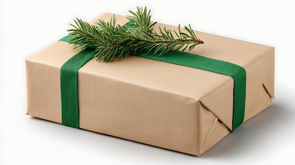 Brown gift box with green ribbon and rosemary isolated on white background