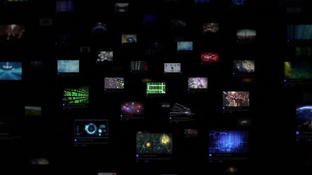 Wall Of Digital Screens Displaying Technology, Data, And Global Network Visuals Symbolizing Information Overload And Digital Interconnection In The Modern World.