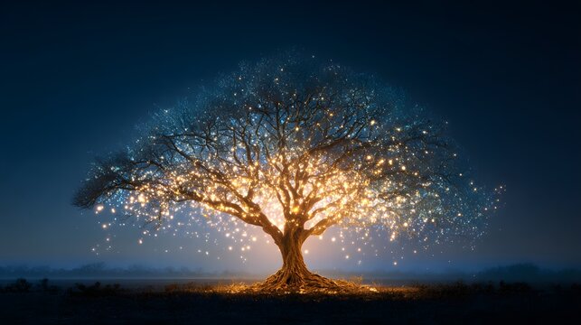 Magnificent tree glows with myriad of warm and cool lights against a dark night sky - Powered by Adobe