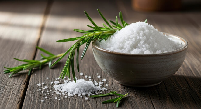 Gourmet sea salt crystals with fresh rosemary sprigs on rustic wooden surface