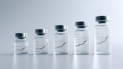 Five pharmaceutical vials arranged in increasing size display ascending growth charts on their labels