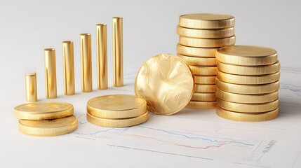 Golden metallic assets are arranged on a document displaying fluctuating financial charts