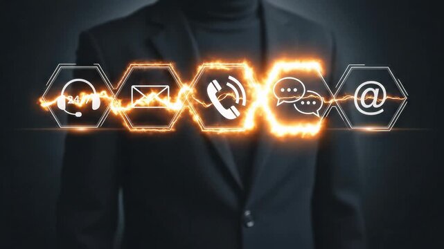 A man showing digital communication icons for customer support, contact center, and modern business connection technology.
