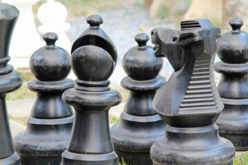 A giant outdoor chess set on green grass
